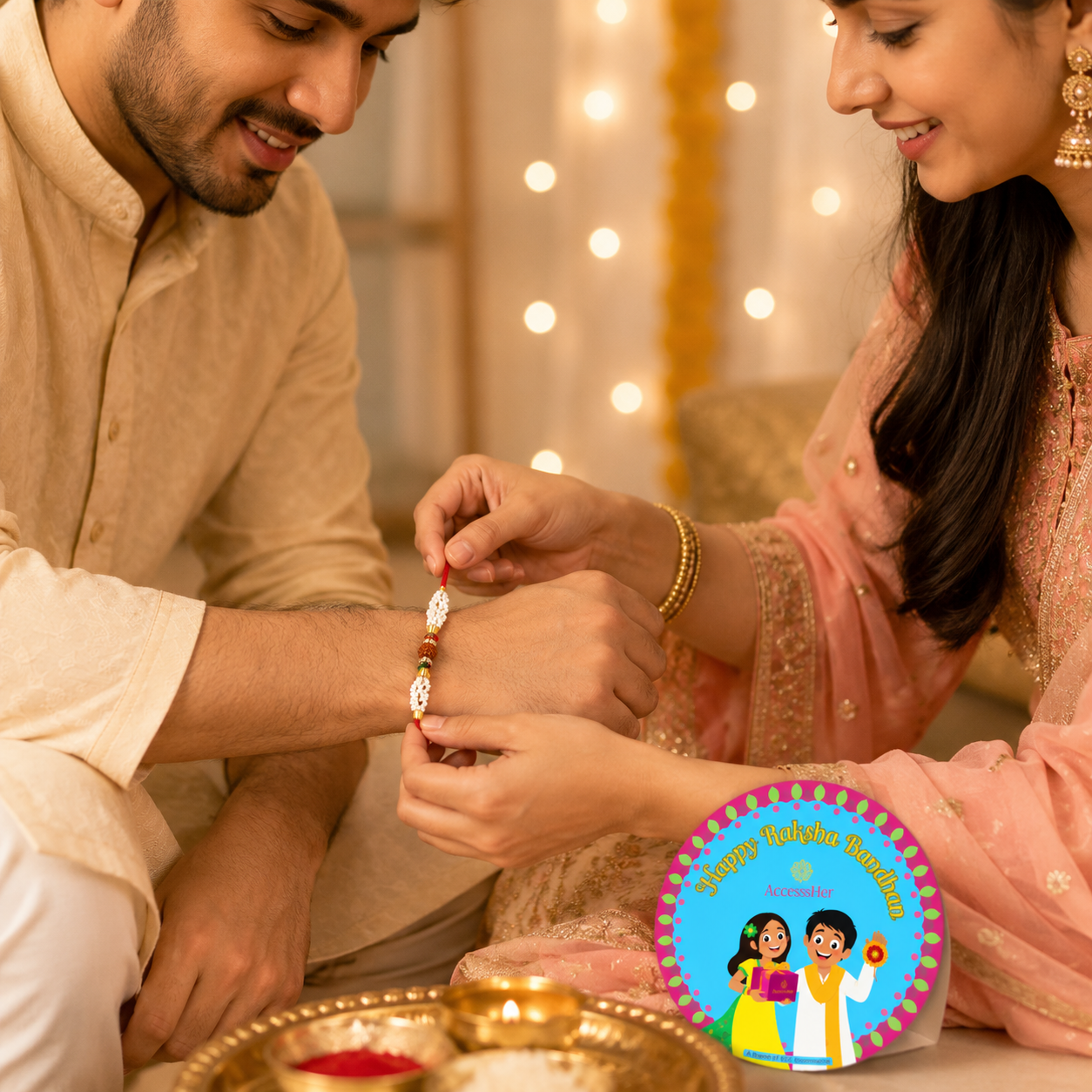 ACCESSHER Designer Pearl & Rudraksh Rakhi - Gift Set with Roli, Kumkum & Greeting Card - Image 3