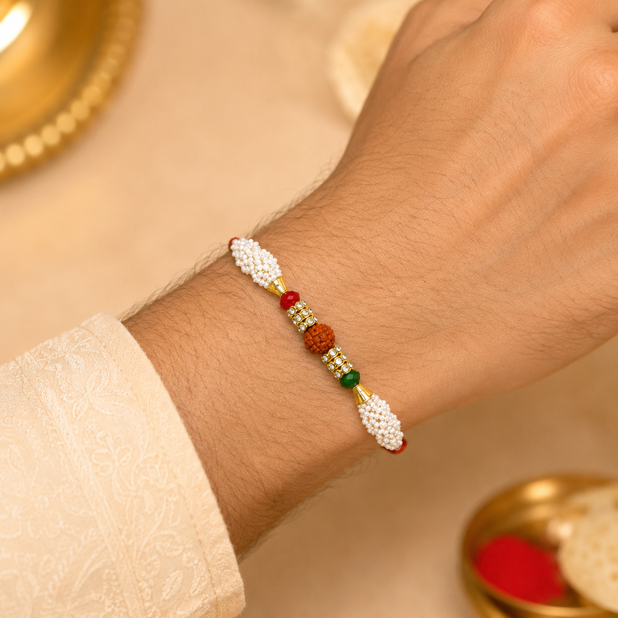 ACCESSHER Designer Pearl & Rudraksh Rakhi - Gift Set with Roli, Kumkum & Greeting Card - Image 4