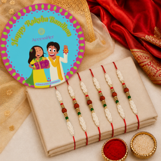 ACCESSHER Designer Pearl & Rudraksh Rakhi - Gift Set with Roli, Kumkum & Greeting Card (Pack of 6)