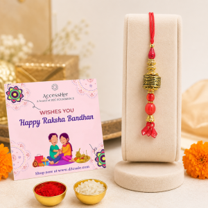 ACCESSHER Mens Traditional Gold Inrticate Lumba Rakhi for Beloved Bhabhi Pack of 1 & Gifting with Roli Kumkum Packets & Happy Rakshabandhan Card 5 (1) ACCESSHER Gold Intricate Lumba Rakhi - Gift Set with Roli, Kumkum & Greeting Card
