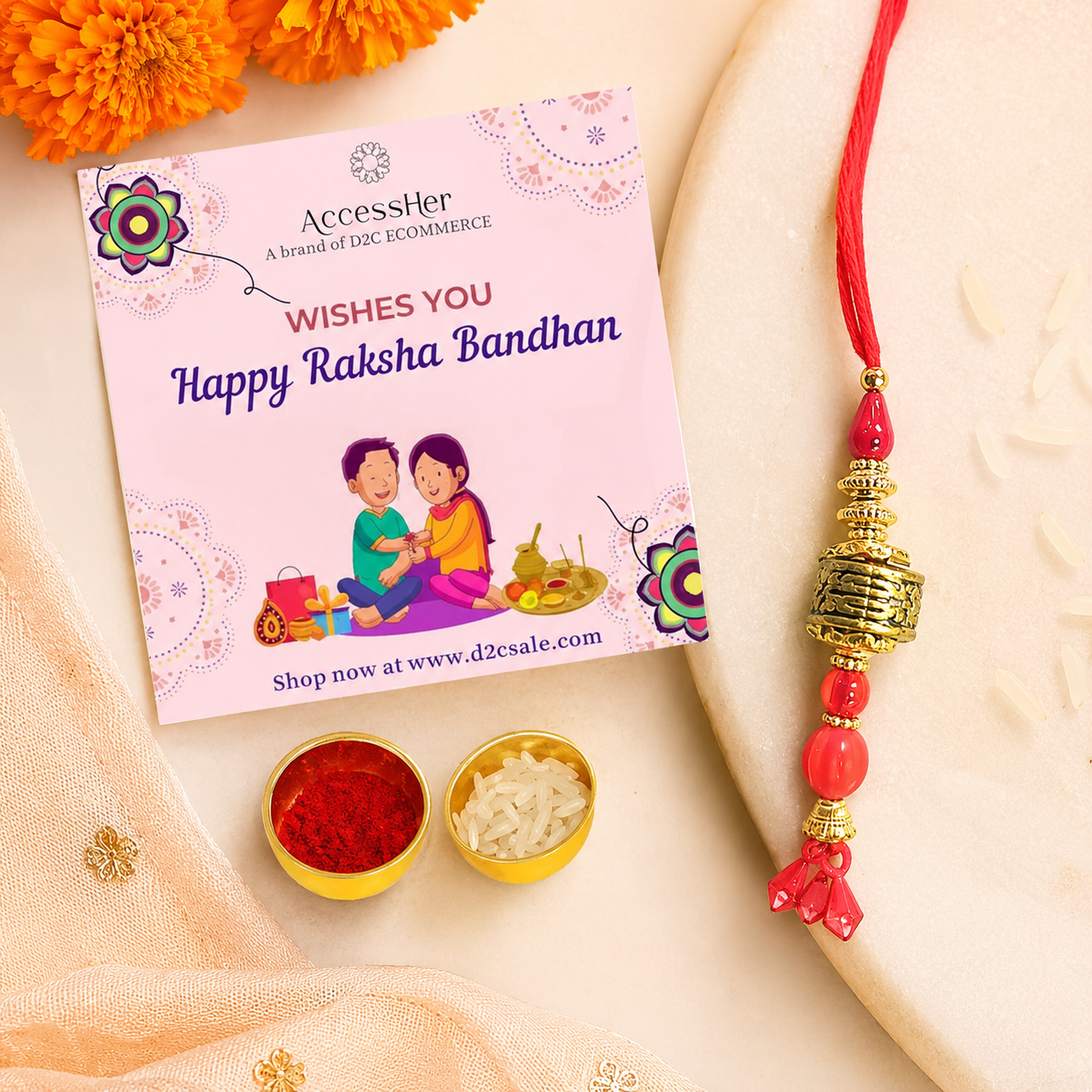 ACCESSHER Gold Intricate Lumba Rakhi - Gift Set with Roli, Kumkum & Greeting Card - Image 3