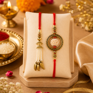 ACCESSHER Mens Traditional Gold Plated Bhaiyya Bhabhi Pearl Lumba Rakhi for Beloved Brother Set of 2 with Roli Kumkum Packets and Happy Rakshabandhan Card 6 ACCESSHER Men’s Traditional Gold Plated Bhaiyya Bhabhi Pearl Lumba Rakhi Set of 2 - Includes Roli Kumkum Packets & Card