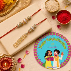 ACCESSHER Gold Plated Pearl Bhaiya Bhabhi Lumba Rakhi Set with Roli, Kumkum & Greeting Card