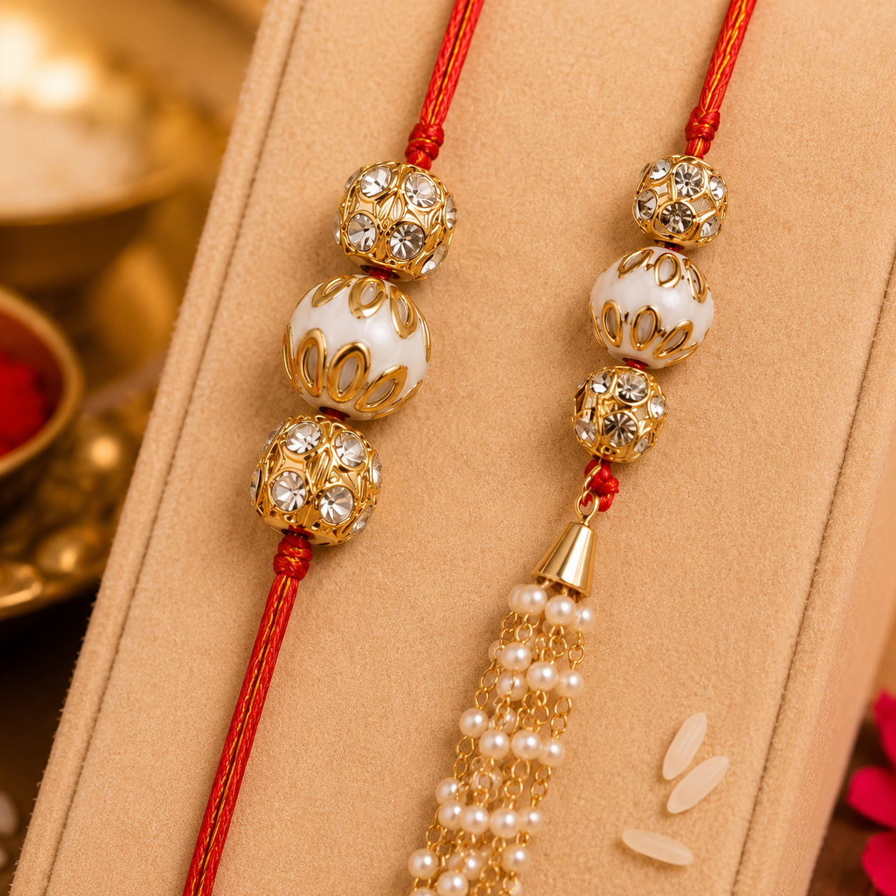 ACCESSHER Gold Plated Pearl Bhaiya Bhabhi Lumba Rakhi Set with Roli, Kumkum & Greeting Card - Image 4