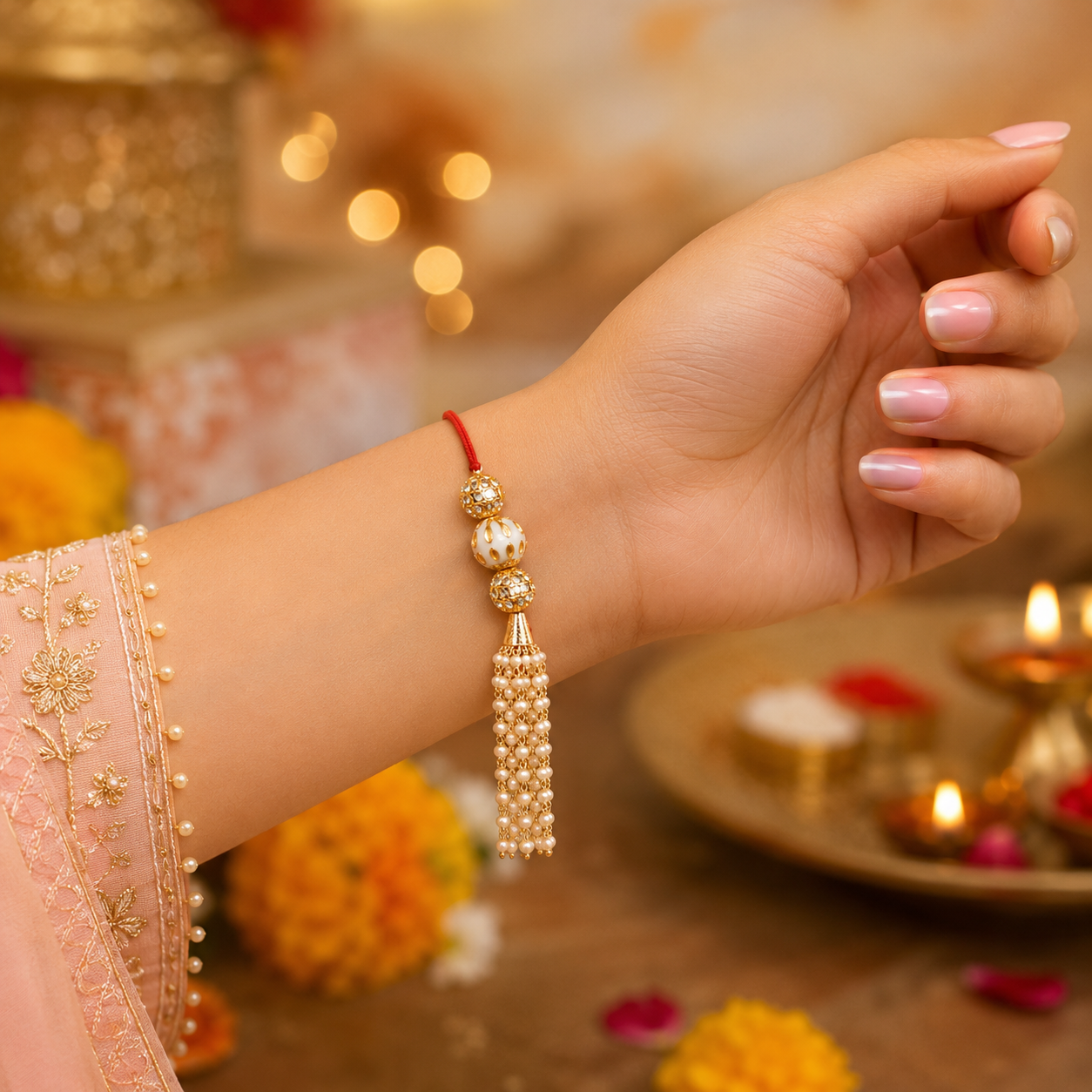 ACCESSHER Gold Plated Pearl Bhaiya Bhabhi Lumba Rakhi Set with Roli, Kumkum & Greeting Card - Image 2