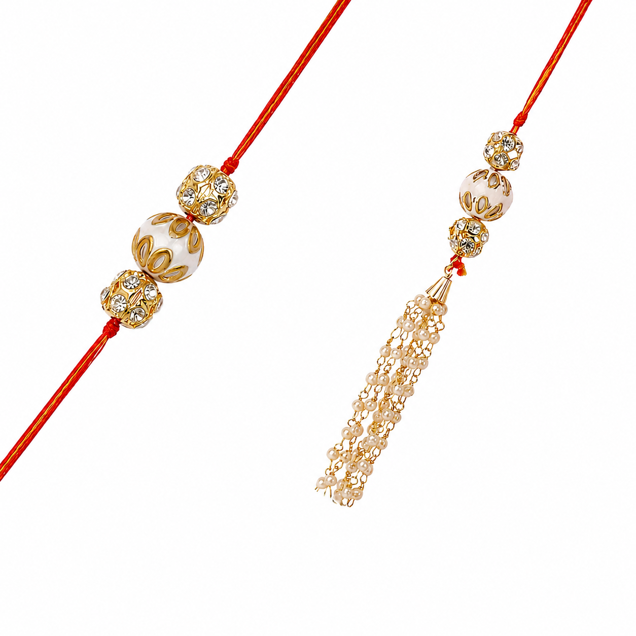 ACCESSHER Gold Plated Pearl Bhaiya Bhabhi Lumba Rakhi Set with Roli, Kumkum & Greeting Card - Image 7