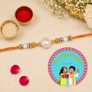 ACCESSHER Gold Plated Freshwater Pearl Rakhi - Gift Set with Roli, Kumkum & Greeting Card