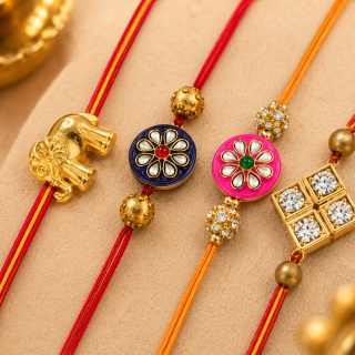ACCESSHER Gold Plated Designer Rakhi Combo - Gift Set with Roli, Kumkum & Greeting Card (Pack of 4)