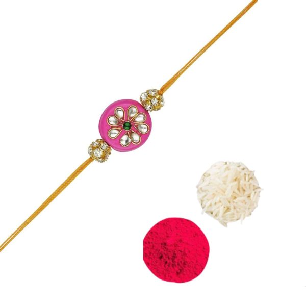 ACCESSHER Gold Plated Pink Beaded Rakhi - Gift Set with Roli, Kumkum & Greeting Card (Pack of 3)