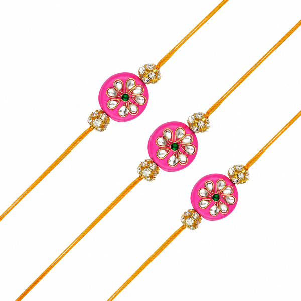 ACCESSHER Gold Plated Pink Beaded Rakhi - Gift Set with Roli, Kumkum & Greeting Card (Pack of 3)