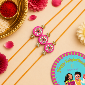 ACCESSHER Mens Traditional Gold Plated Elegant and Stylish Pink Beaded Rakhi for Beloved Brother Pack of 3 with Roli Kumkum Packets and Happy Rakshabandhan Card 3 ACCESSHER Gold Plated Pink Beaded Rakhi - Gift Set with Roli, Kumkum & Greeting Card (Pack of 3)