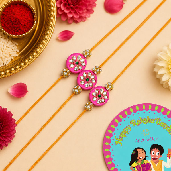 ACCESSHER Gold Plated Pink Beaded Rakhi - Gift Set with Roli, Kumkum & Greeting Card (Pack of 3)