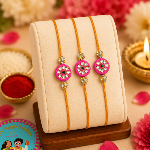 ACCESSHER Gold Plated Pink Beaded Rakhi - Gift Set with Roli, Kumkum & Greeting Card (Pack of 3)