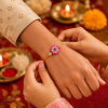 ACCESSHER Gold Plated Pink Beaded Rakhi - Gift Set with Roli, Kumkum & Greeting Card (Pack of 3)