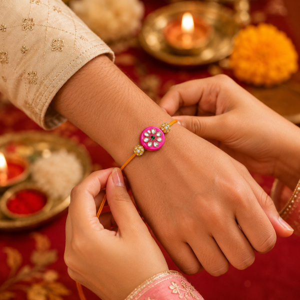 ACCESSHER Gold Plated Pink Beaded Rakhi - Gift Set with Roli, Kumkum & Greeting Card (Pack of 3)
