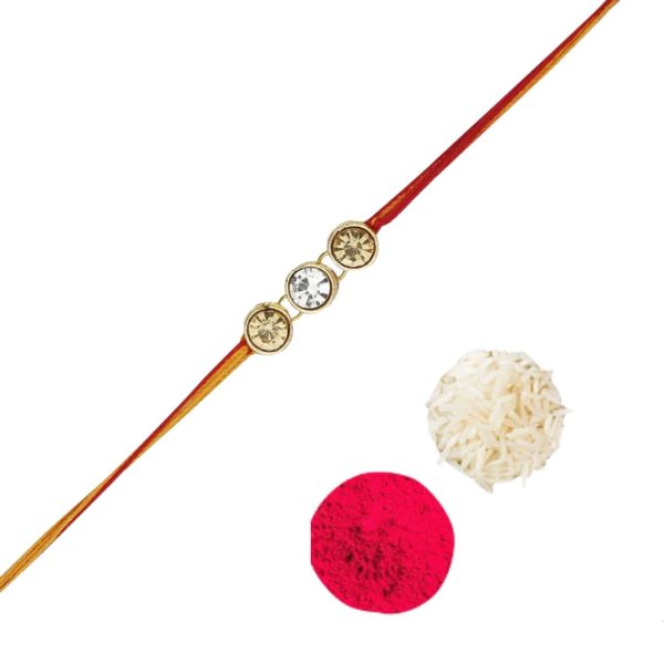 ACCESSHER Gold Plated Rhinestone Rakhi Set with Roli, Kumkum & Raksha Bandhan Greeting Card (Pack of 10)