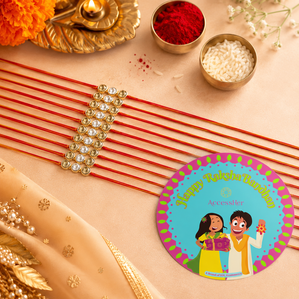 ACCESSHER Gold Plated Rhinestone Rakhi Set with Roli, Kumkum & Raksha Bandhan Greeting Card (Pack of 10) - Image 4