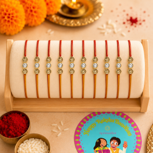 ACCESSHER Gold Plated Rhinestone Rakhi Set with Roli, Kumkum & Raksha Bandhan Greeting Card (Pack of 10)
