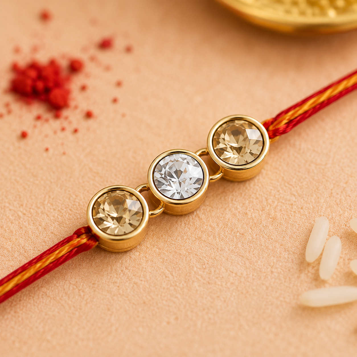ACCESSHER Gold Plated Rhinestone Rakhi Set with Roli, Kumkum & Raksha Bandhan Greeting Card (Pack of 10) - Image 3