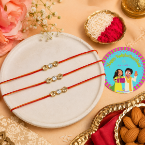 ACCESSHER Gold Plated Rhinestone Rakhi - Gift Set with Roli, Kumkum & Greeting Card (Pack of 3)
