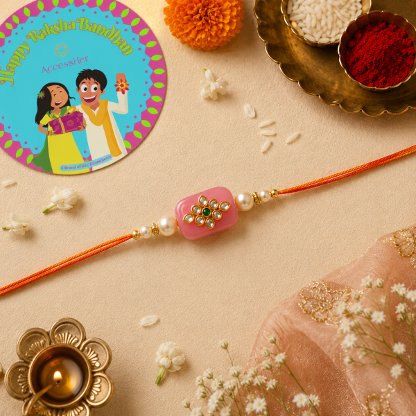 ACCESSHER Gold Plated Pink Kundan Designer Rakhi with Roli, Kumkum & Raksha Bandhan Greeting Card