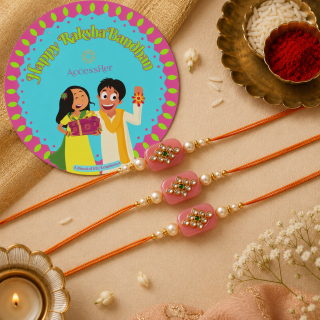 ACCESSHER Gold Plated Pink Kundan Designer Rakhi - Gift Set with Roli, Kumkum & Greeting Card (Pack of 3)