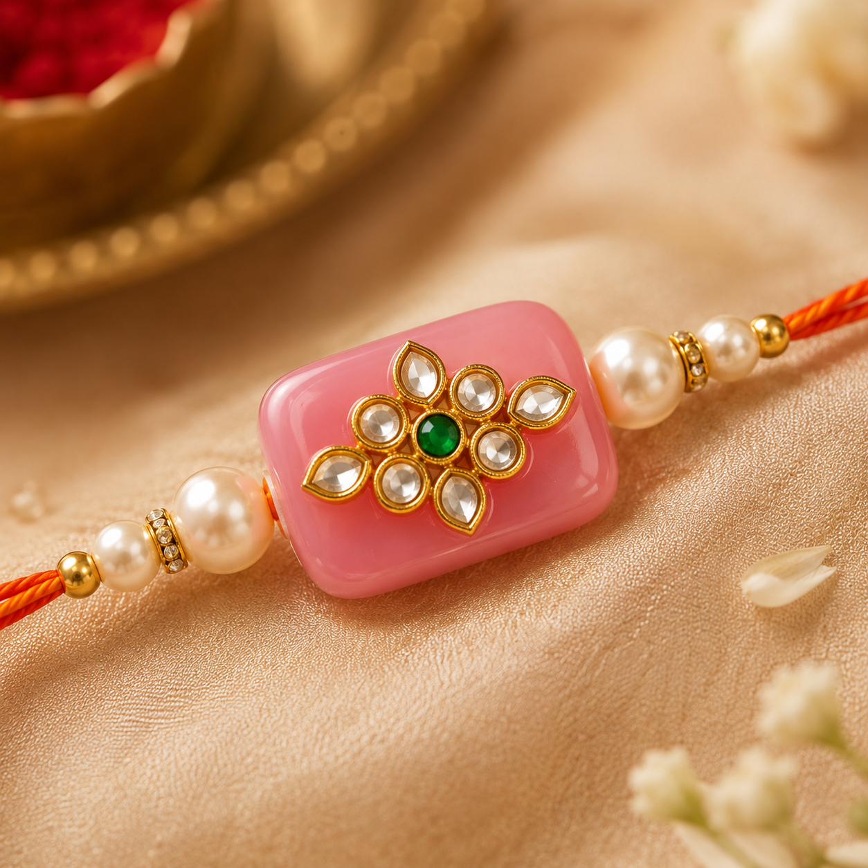 ACCESSHER Gold Plated Pink Kundan Designer Rakhi - Gift Set with Roli, Kumkum & Greeting Card (Pack of 6) - Image 4
