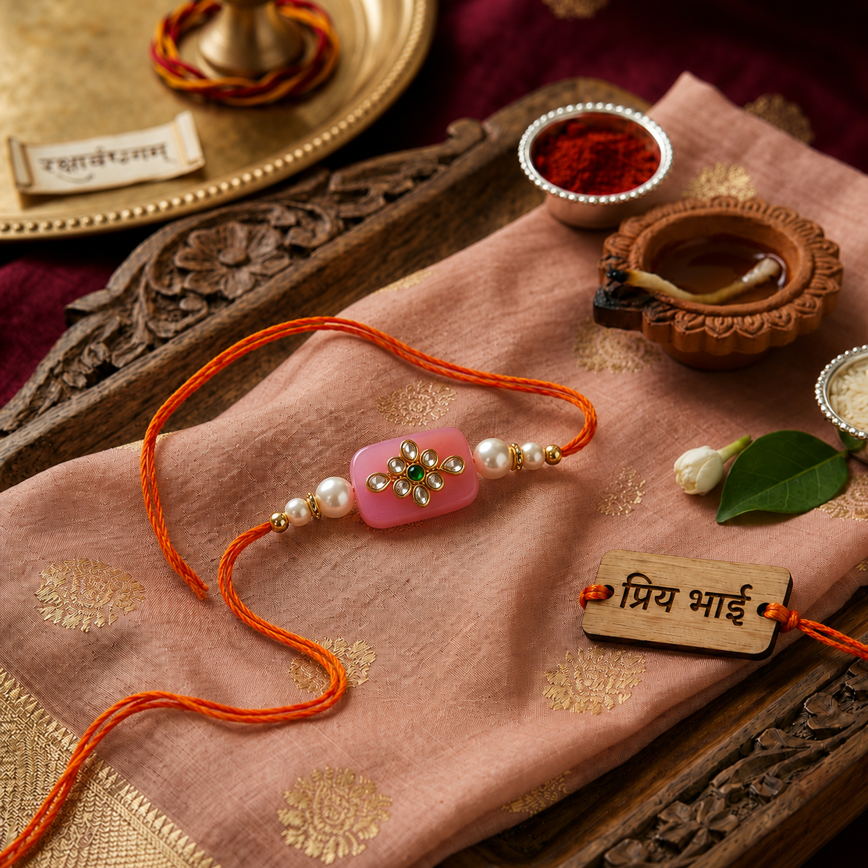 ACCESSHER Gold Plated Pink Kundan Designer Rakhi - Gift Set with Roli, Kumkum & Greeting Card (Pack of 6) - Image 5