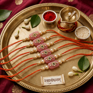 ACCESSHER Gold Plated Pink Kundan Designer Rakhi - Gift Set with Roli, Kumkum & Greeting Card (Pack of 6)