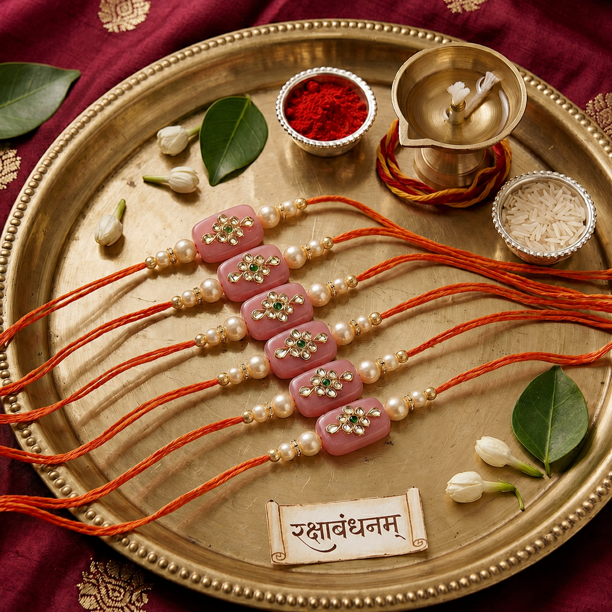 ACCESSHER Gold Plated Pink Kundan Designer Rakhi - Gift Set with Roli, Kumkum & Greeting Card (Pack of 6)
