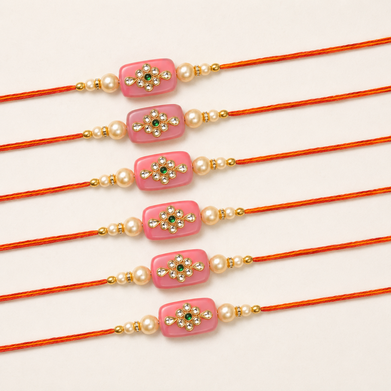 ACCESSHER Gold Plated Pink Kundan Designer Rakhi - Gift Set with Roli, Kumkum & Greeting Card (Pack of 6) - Image 6
