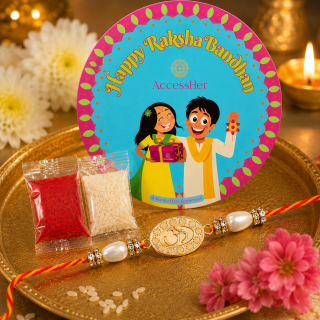 ACCESSHER Gold Plated Metallic OM Rakhi - Gift Set with Roli, Kumkum & Greeting Card