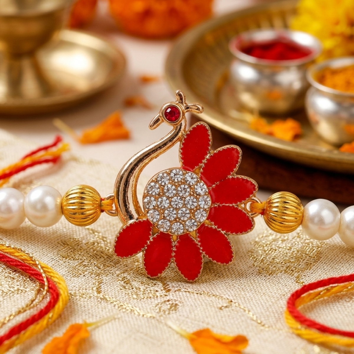 ACCESSHER Gold Plated Peacock Rakhi with Semi-Precious Enamel Detailing - Gift Set with Roli, Kumkum & Greeting Card - Image 3