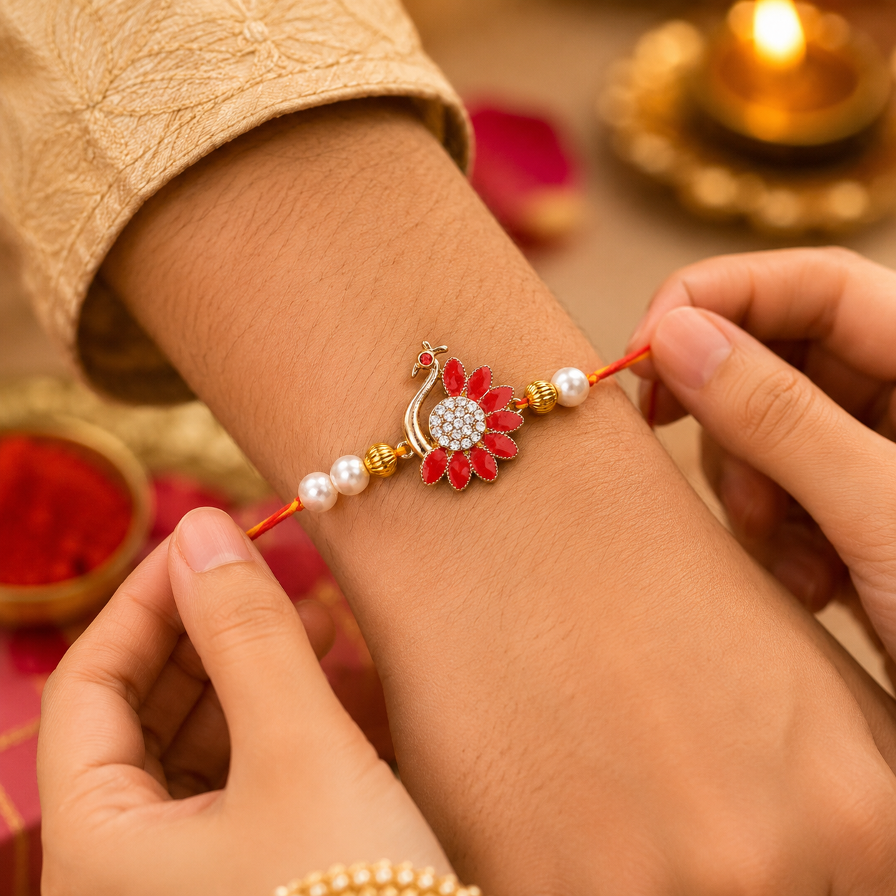 ACCESSHER Gold Plated Peacock Rakhi with Semi-Precious Enamel Detailing - Gift Set with Roli, Kumkum & Greeting Card - Image 2