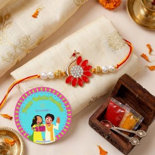 ACCESSHER Gold Plated Peacock Rakhi with Semi-Precious Enamel Detailing - Gift Set with Roli, Kumkum & Greeting Card