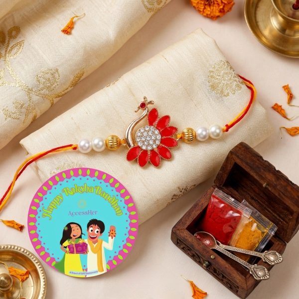 ACCESSHER Gold Plated Peacock Rakhi with Semi-Precious Enamel Detailing - Gift Set with Roli, Kumkum & Greeting Card