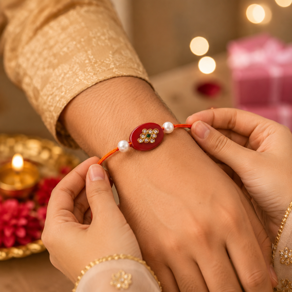 ACCESSHER Gold Plated Maroon Beads & Pearl Rakhi - Set with Roli, Kumkum & Raksha Bandhan Greeting Card