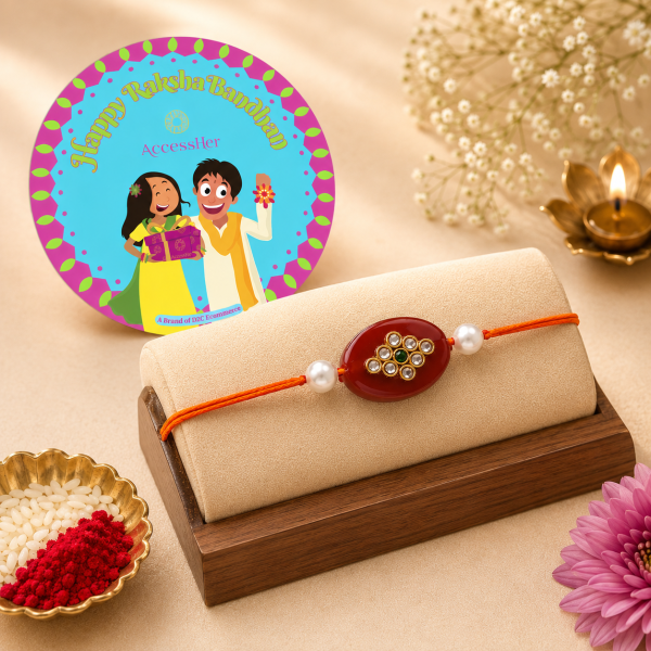 ACCESSHER Gold Plated Maroon Beads & Pearl Rakhi - Set with Roli, Kumkum & Raksha Bandhan Greeting Card