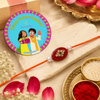 ACCESSHER Gold Plated Maroon Beads & Pearl Rakhi - Set with Roli, Kumkum & Raksha Bandhan Greeting Card