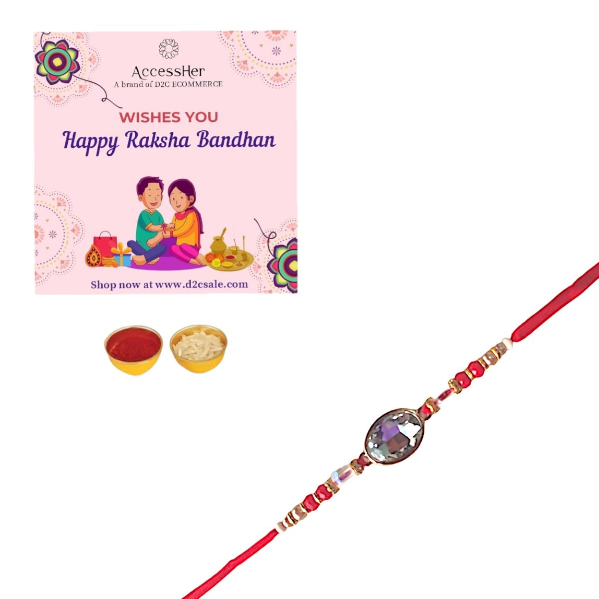 ACCESSHER Delicate Kundan Rakhi with Roli, Kumkum & Raksha Bandhan Greeting Card - Image 5