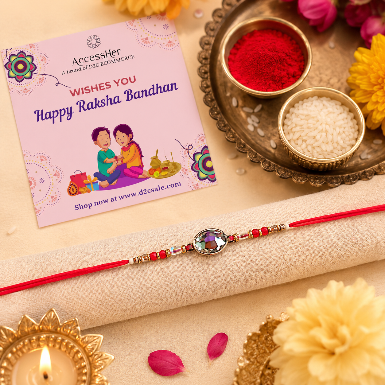 ACCESSHER Delicate Kundan Rakhi with Roli, Kumkum & Raksha Bandhan Greeting Card
