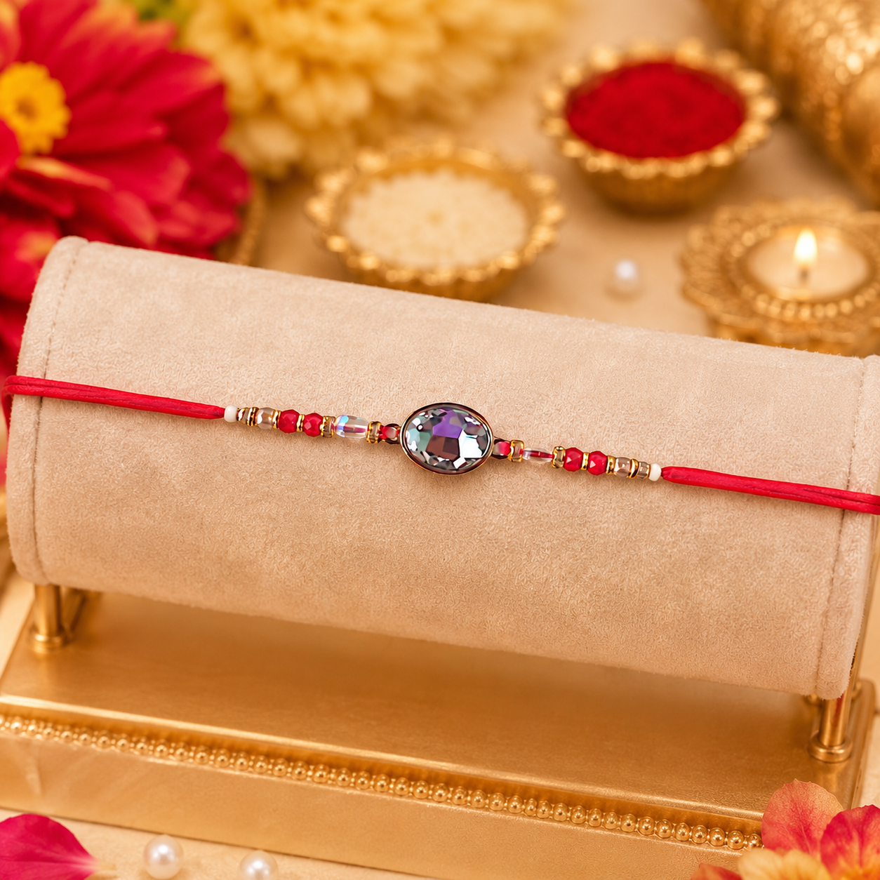 ACCESSHER Delicate Kundan Rakhi with Roli, Kumkum & Raksha Bandhan Greeting Card - Image 4