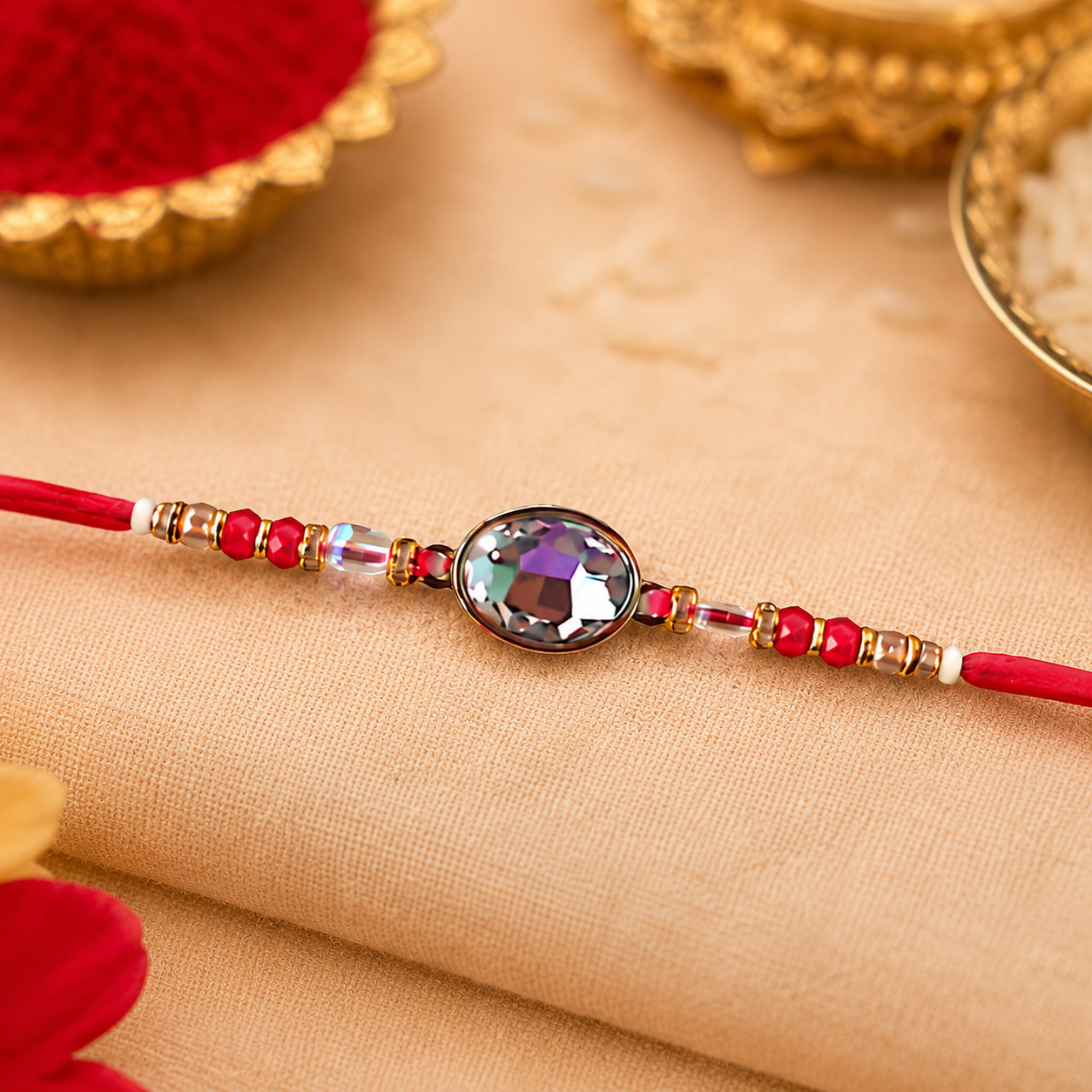 ACCESSHER Delicate Kundan Rakhi with Roli, Kumkum & Raksha Bandhan Greeting Card - Image 3