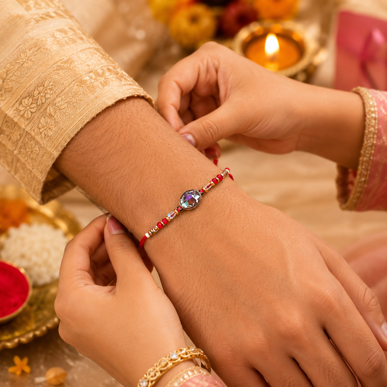 ACCESSHER Delicate Kundan Rakhi with Roli, Kumkum & Raksha Bandhan Greeting Card - Image 2