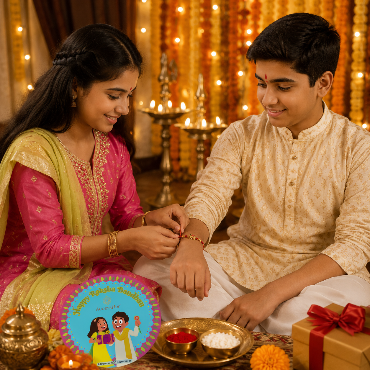 ACCESSHER Meenakari Elephant Design Rakhi - Gift Set with Roli, Kumkum & Greeting Card - Image 2