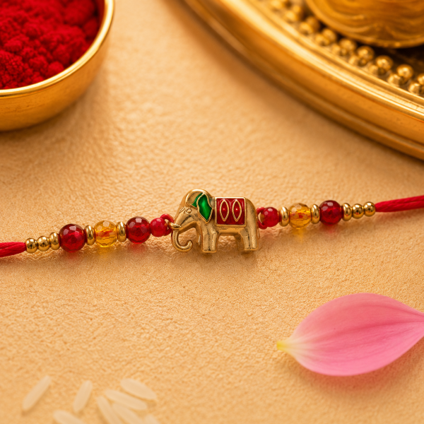 ACCESSHER Meenakari Elephant Design Rakhi - Gift Set with Roli, Kumkum & Greeting Card