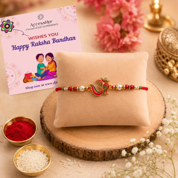 ACCESSHER Embedded Meenakari OM Rakhi - Gift Set with Roli, Kumkum & Greeting Card