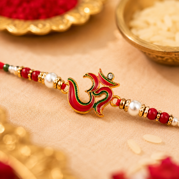 ACCESSHER Embedded Meenakari OM Rakhi - Gift Set with Roli, Kumkum & Greeting Card