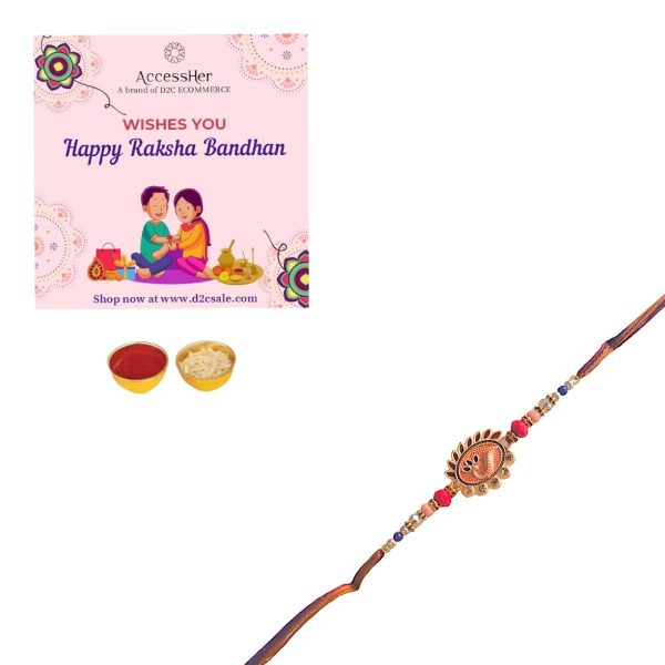 ACCESSHER Meenakari Peacock Design Rakhi - Gift Set with Roli, Kumkum & Greeting Card