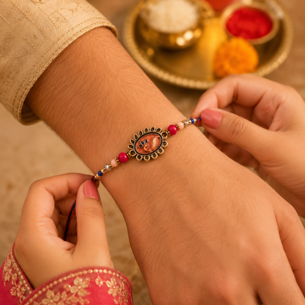 ACCESSHER Meenakari Peacock Design Rakhi - Gift Set with Roli, Kumkum & Greeting Card